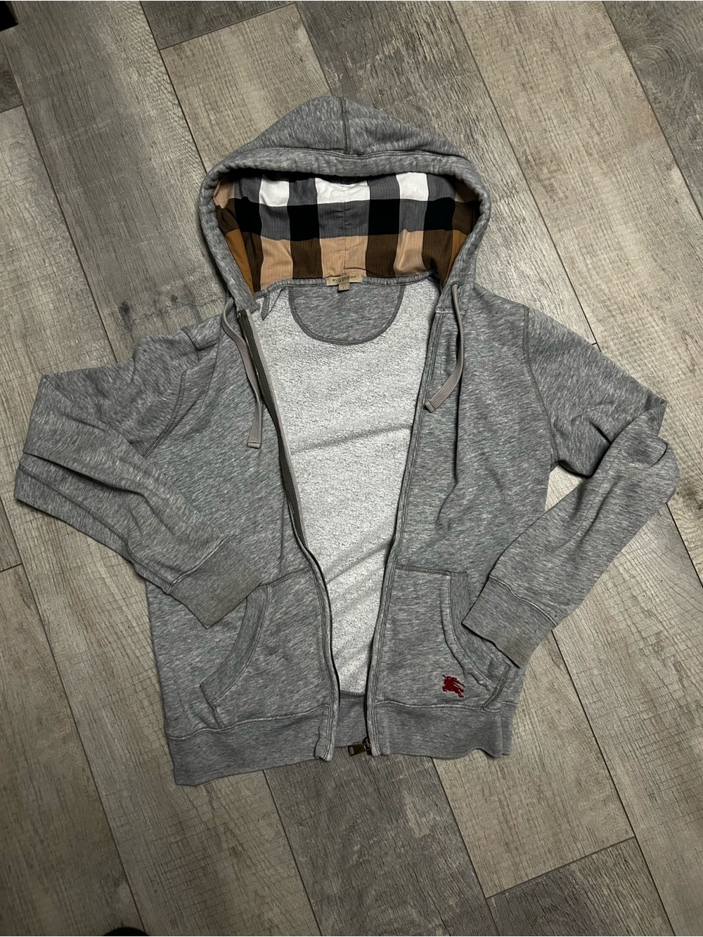 Burberry Gray Zip Hoodie with Signature Check Hood Lining